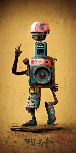 funky musician full body character, good hands in the style of Pixar, spot studio lighting, Japanese graffiti, shanty town background, Japanese caligraphy, photo-realistic African tribe markings, ghetto blaster boombox robot head —ar 9:18