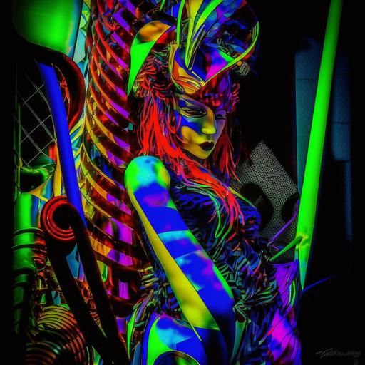 funky musician full body character in the style of Jessica Rabbit bird mask, neon electro Saxophone, studio performance stage lighting, Japanese graffiti, big neon stage setting Tokyo background, photo-realistic abstract Jessica Rabbit robot girl supermodel, behind the mask, colourful, strong eyes, intricate costume details, photo-realistic--v 6 --v 4