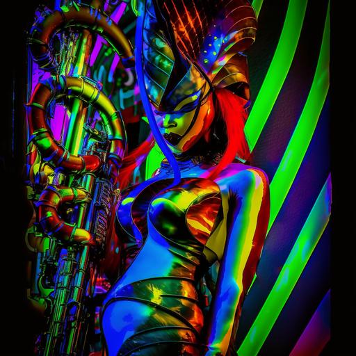funky musician full body character in the style of Jessica Rabbit bird mask, neon electro Saxophone, studio performance stage lighting, Japanese graffiti, big neon stage setting Tokyo background, photo-realistic abstract Jessica Rabbit robot girl supermodel, behind the mask, colourful, strong eyes, intricate costume details, photo-realistic--v 6 --v 4