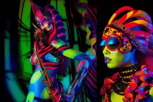funky musician full body character in the style of Jessica Rabbit bird mask, neon electro Saxophone, studio performance stage lighting, Japanese graffiti, big neon stage setting Tokyo background, photo-realistic abstract Jessica Rabbit robot girl supermodel, behind the mask, colourful, strong eyes, intricate costume details, photo-realistic--v 6 --v 5.2