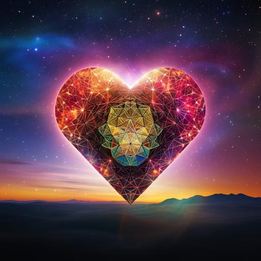 funnel shaped laser, inside a heart made of sacred geometry with funnel shaped beam directly from above straight to the heart made from sacred geometry, simple design, multi colored , the stars and sky are the backround morning is coming