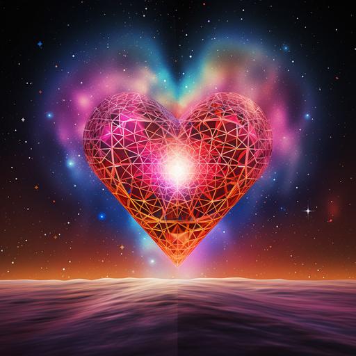 funnel shaped laser, inside a heart made of sacred geometry with funnel shaped beam directly from above straight to the heart made from sacred geometry, simple design, multi colored , the stars and sky are the backround morning is coming