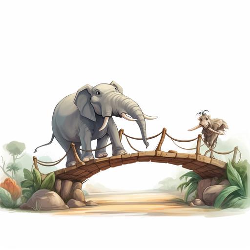 funny Ant and funny elephant crossing the bridge, cartoon, white background --v 5.2