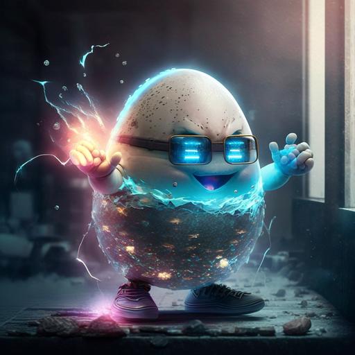 funny Humpty Dumpty egg, with plasma treatment in hands, futuristic future, cyberpunk 🥚