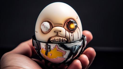 funny Humpty Dumpty egg, with plasma treatment in hands, futuristic future, cyberpunk 🥚 --ar 16:9 --v 5