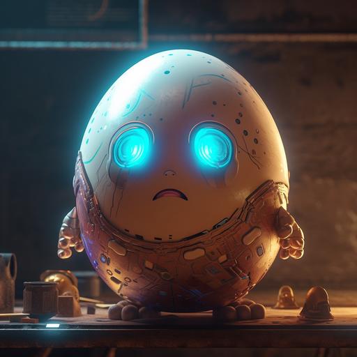 funny Humpty Dumpty egg, with plasma treatment in hands, futuristic future, cyberpunk 🥚 --v 5