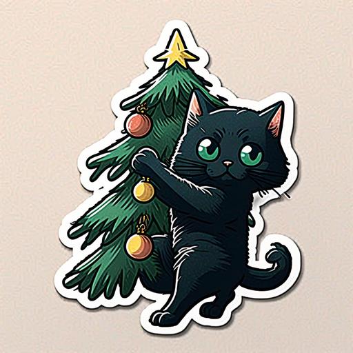funny black cat pushing christmas tree sticker design