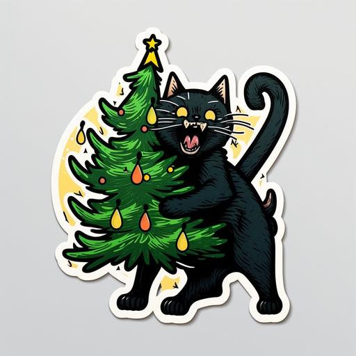 funny black cat pushing christmas tree sticker design