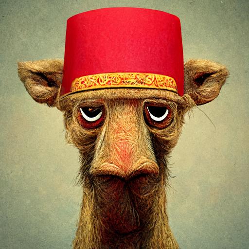 funny camel face, wearing a red tall fez, 3d face, cartoon, v 4