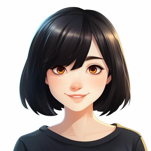 funny cartoon avatar, bob haircut, black hair, girl 21 years old in a White sweatshirt.Japanese