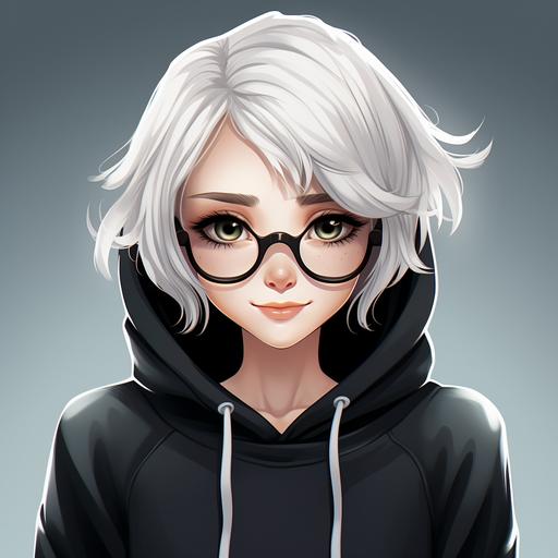 funny cartoon avatar, bob haircut, white hair, girl 25 years old in a black sweatshirt