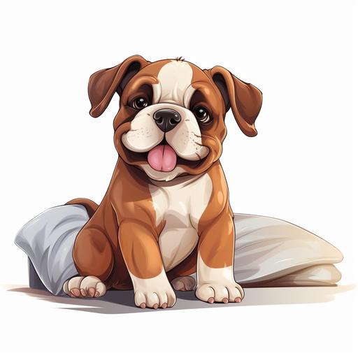 funny cartoon cute bulldog puppy standing next to the bed , 2d style , white background