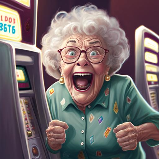 funny cartoon of grandma winning at a slot machine, casino atmosphere v 4