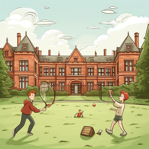 funny cartoon of mental hospital made of red bricks. University. A couple of patients outside in the grassy courtyard playing badminton.