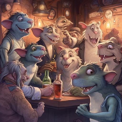 funny cartoon of rat-people and turtle-people drinking and talking at a crowded bar at night