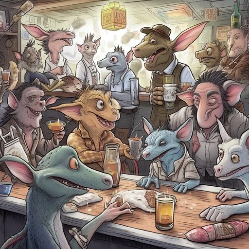funny cartoon of rat-people and turtle-people drinking and talking at a crowded bar at night