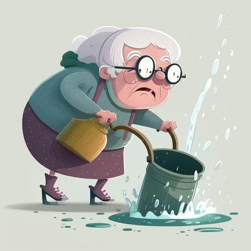 funny cartoon style illustration, old lady collecting water with a bucket during a flood