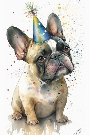 funny cartoon watercolor artwork of french bulldog Happy Birthday --ar 2:3