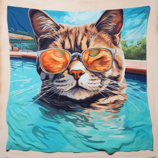 funny cat face, happy, swimming pool, towel, sunglasses, da vinci style, city
