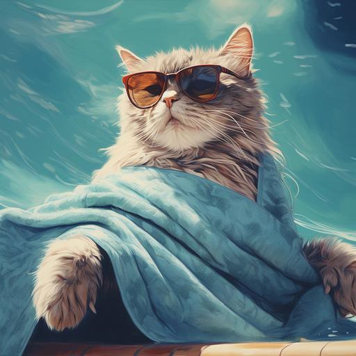 funny cat face, happy, swimming pool, towel, sunglasses, da vinci style, city
