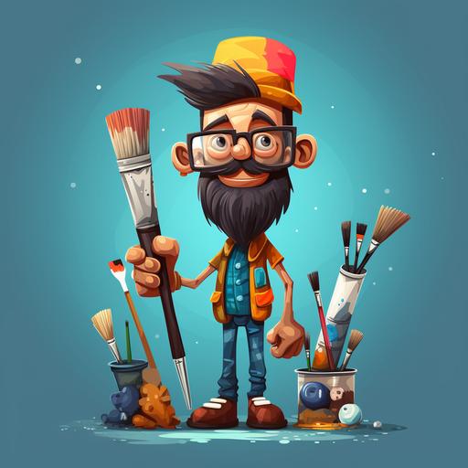 funny character design, vector, two colors, painter standing with hat , brushes, painting tools, painting equipment,