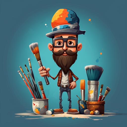 funny character design, vector, two colors, painter standing with hat , brushes, painting tools, painting equipment,