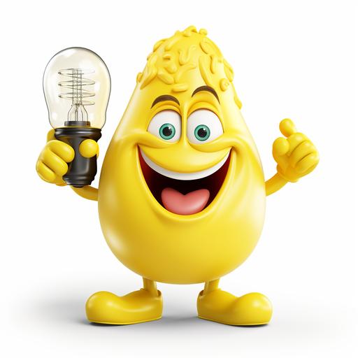 funny chunky yellow, cartoon-style bulb character with huge smile and open mouth, big eyes, rainbow colour lush hairstyle, hands wearing big white gloves, one hand is pointing to right top corner, on white background, funny shapes of bodies, different shapes of bulbs in their hands