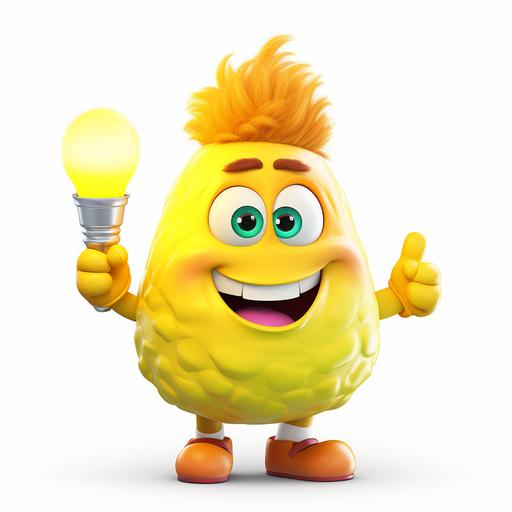 funny chunky yellow, cartoon-style bulb character with huge smile and open mouth, big eyes, rainbow colour lush hairstyle, hands wearing big white gloves, one hand is pointing to right top corner, on white background, make it stand on its hand