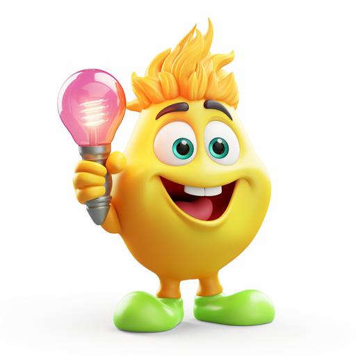 funny chunky yellow, cartoon-style bulb character with huge smile and open mouth, big eyes, rainbow colour lush hairstyle, hands wearing big white gloves, one hand is pointing to right top corner, on white background, funnt shapes