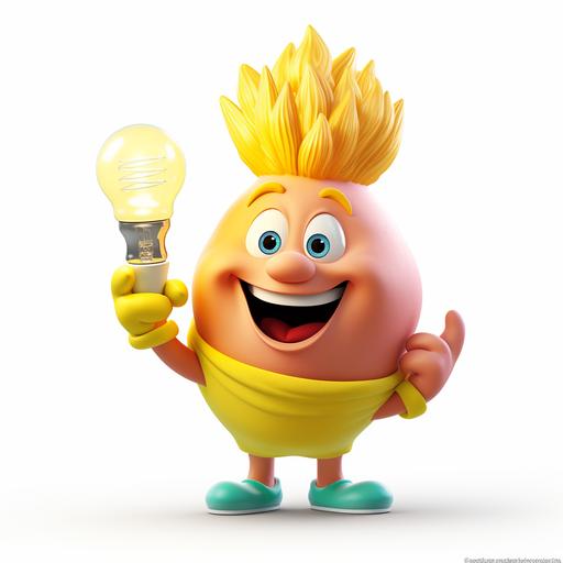 funny chunky yellow, cartoon-style bulb character with huge smile and open mouth, big eyes, rainbow colour lush hairstyle, hands wearing big white gloves, one hand is pointing to right top corner, on white background, funnt shapes