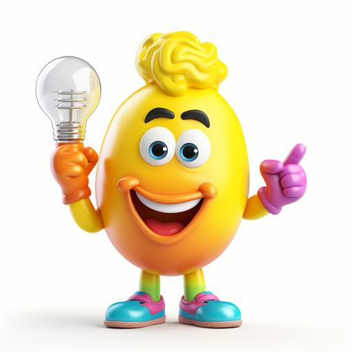 funny chunky yellow, cartoon-style bulb character with huge smile and open mouth, big eyes, rainbow colour lush hairstyle, hands wearing big white gloves, one hand is pointing to right top corner, on white background, make it different colours, express yourself, only one bulb, give me some different with variety of colours, make its clothes different colours and their facial expression diffrent, make it a little bit different, make it stand on its hand and include a trumpet in the speach bubble, it is stanging on one hand upside down, make it a bit different with bulb in different place on its body