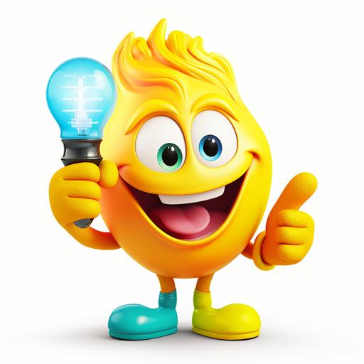 funny chunky yellow, cartoon-style bulb character with huge smile and open mouth, big eyes, rainbow colour lush hairstyle, hands wearing big white gloves, one hand is pointing to right top corner, on white background, make it stand on its hand