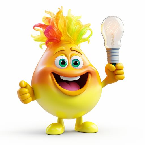 funny chunky yellow, cartoon-style bulb character with huge smile and open mouth, big eyes, rainbow colour lush hairstyle, hands wearing big white gloves, one hand is pointing to right top corner, on white background, make it stand on its hand