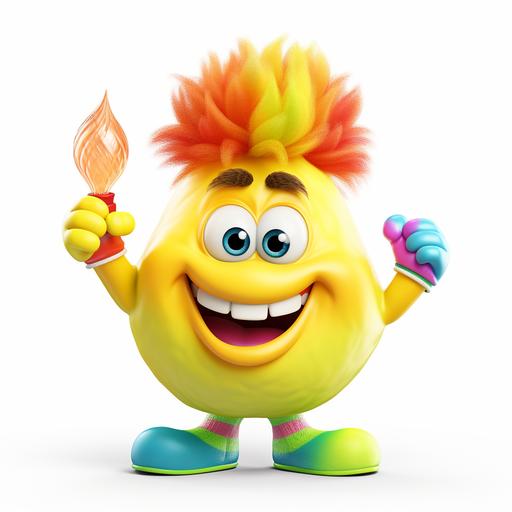 funny chunky yellow, cartoon-style bulb character with huge smile and open mouth, big eyes, rainbow colour lush hairstyle, hands wearing big white gloves, one hand is pointing to right top corner, on white background, make it stand on its hand