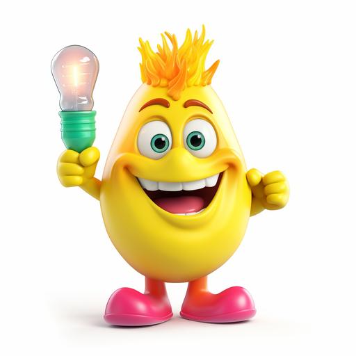 funny chunky yellow, cartoon-style bulb character with huge smile and open mouth, big eyes, rainbow colour lush hairstyle, hands wearing big white gloves, one hand is pointing to right top corner, on white background, funnt shapes