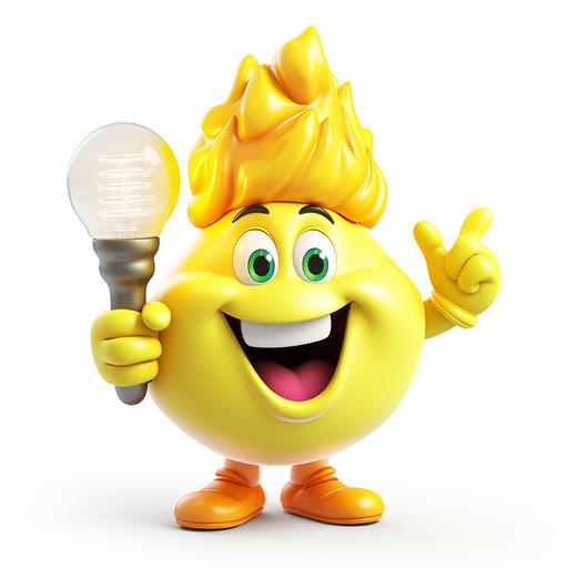 funny chunky yellow, cartoon-style bulb character with huge smile and open mouth, big eyes, rainbow colour lush hairstyle, hands wearing big white gloves, one hand is pointing to right top corner, on white background, funnt shapes