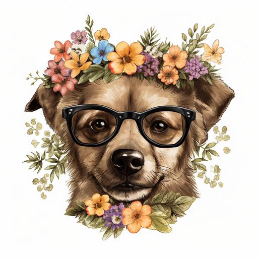 funny dog face with glasses and flowers crown PNG