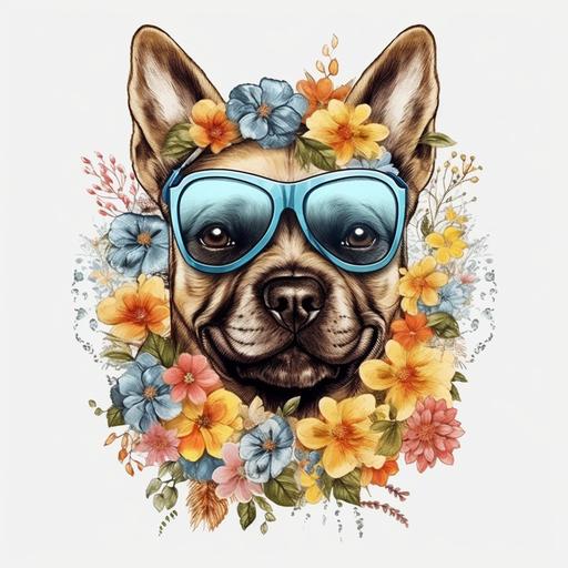 funny dog face with glasses and flowers crown PNG