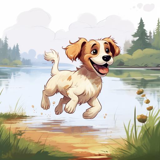 funny dog running on the lake, cartoon, disney, white background --v 5.2