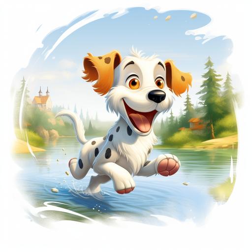 funny dog running on the lake, cartoon, pixar style, white background --v 5.2