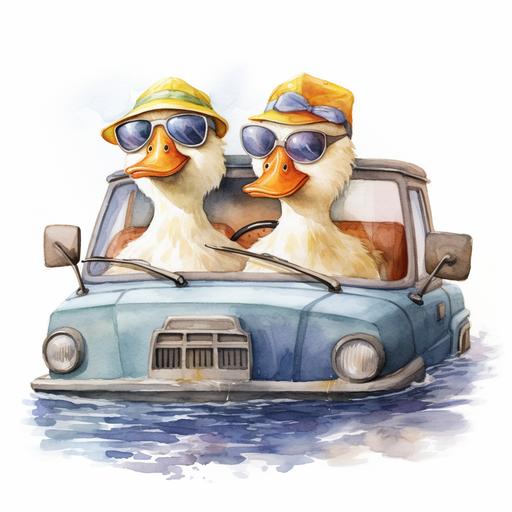 funny ducks in a car, 3d, watercolor, white background