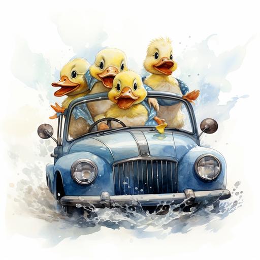 funny ducks in a car, 3d, watercolor, white background