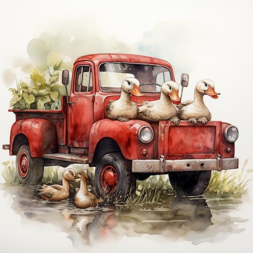 funny ducks, red truck, watercolor, neutral background