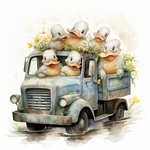 funny ducks, truck, graphic, 3d, watercolor, gray background