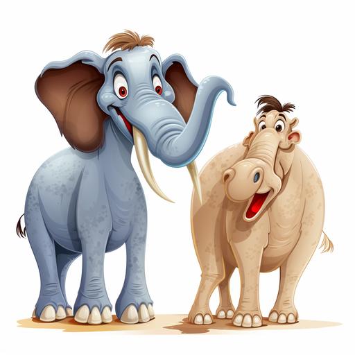 funny elephant and funny camel with two humps, talking, cartoon, disney, white background --v 5.2