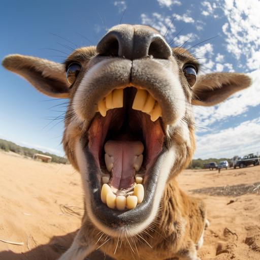 funny farm animals picture close up of kangaroo mouth which is vacing viewer and open as wide as possible in a smile at us. No threat, funny only one kangaroo in shot