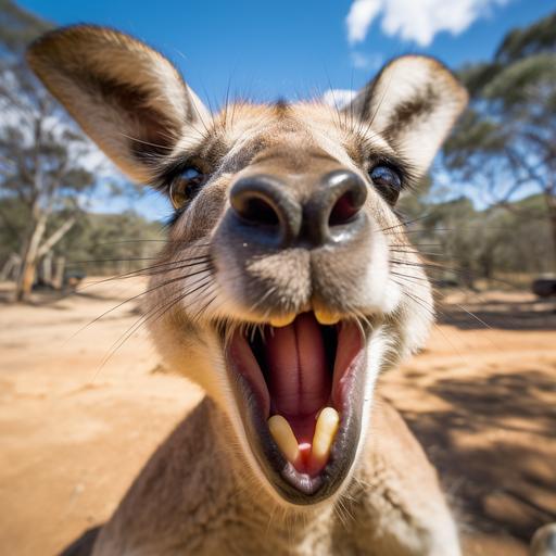 funny farm animals picture close up of kangaroo mouth which is vacing viewer and open as wide as possible in a smile at us. No threat, funny only one kangaroo in shot