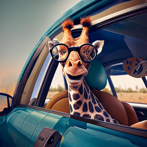 funny giraffe with glasses driving a car while smiling, views the car from the inside