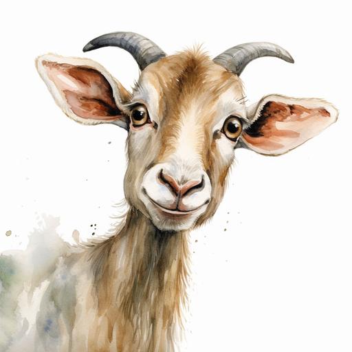 funny goat looking Forward, watercolor, white background