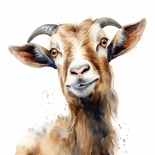 funny goat looking ahead, face, watercolor, white background